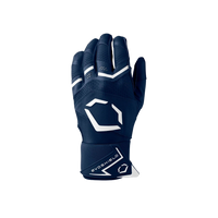 Navy blue baseball glove with white accents on a white background