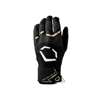 Black sports glove with gold accents and 'Evoshield' logo on a white background
