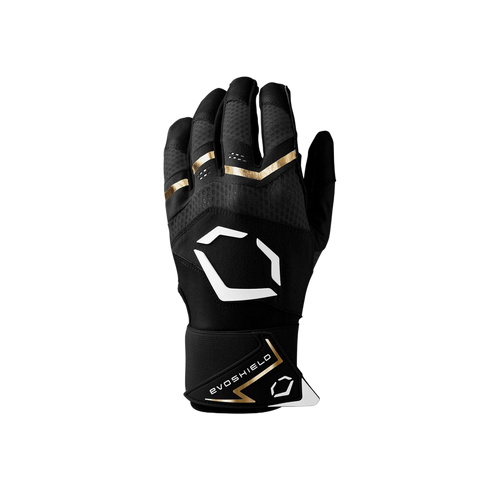 Black sports glove with gold accents and 'Evoshield' logo on a white background