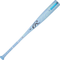 Light blue baseball bat with a logo on a white background